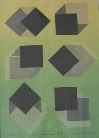 Klaus Dennhardt: Sechs Würfel, grau-schwarz vor Gelb und Grün, 1978
