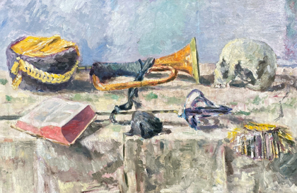 Ernst Hassebrauk: Stilleben Vanitas mit Buch und Trompete, 1942