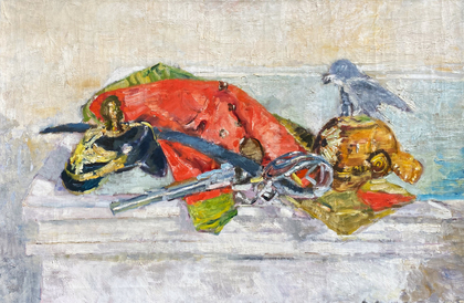 Ernst Hassebrauk: Stilleben mit Uniform, zwei Helmen und Waffen, 1942/43