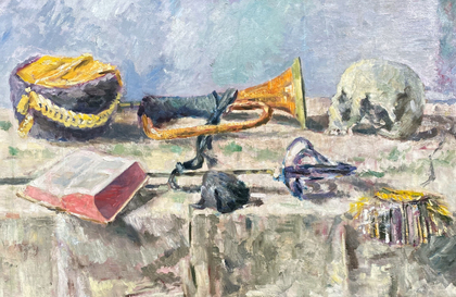 Ernst Hassebrauk: Stilleben Vanitas mit Buch und Trompete, 1942