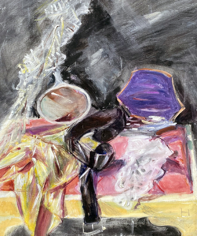 Ernst Hassebrauk: Bijouteriestilleben  (schwarzer Lackgürtel, violette Puderdose), o.J., um 1935